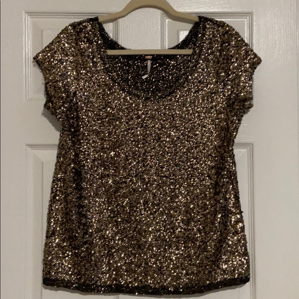 Free People Gold Sequin Short Sleeve Top